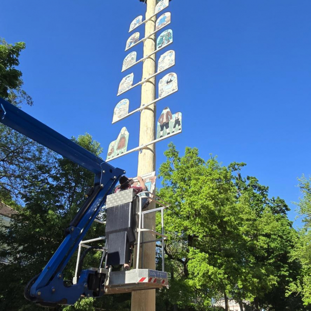 Maibaumtaferl werden am Maibaum montiert